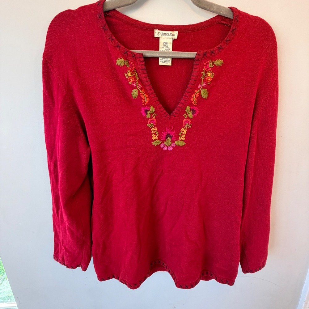 VTG St Johns Bay Embroidered Sweater Women Small Red Floral Boho Cottagecore